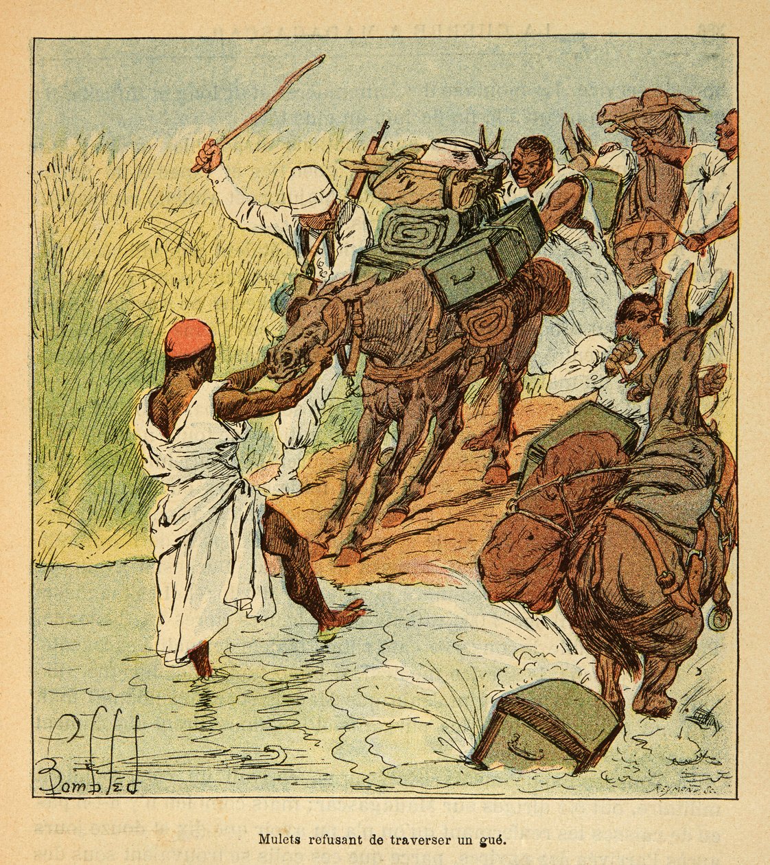 Kriget i Madagaskar-Anekdotisk historia om de franska expeditionerna 1885-1895 av Henri Galli dit Galllichet (1854-1922), illustrerad av Louis Bombled (1862-1927): Mulets vägrade att korsa en gue under den franska expeditionen till Madagaskar 1895 , privat av Louis Charles Bombled