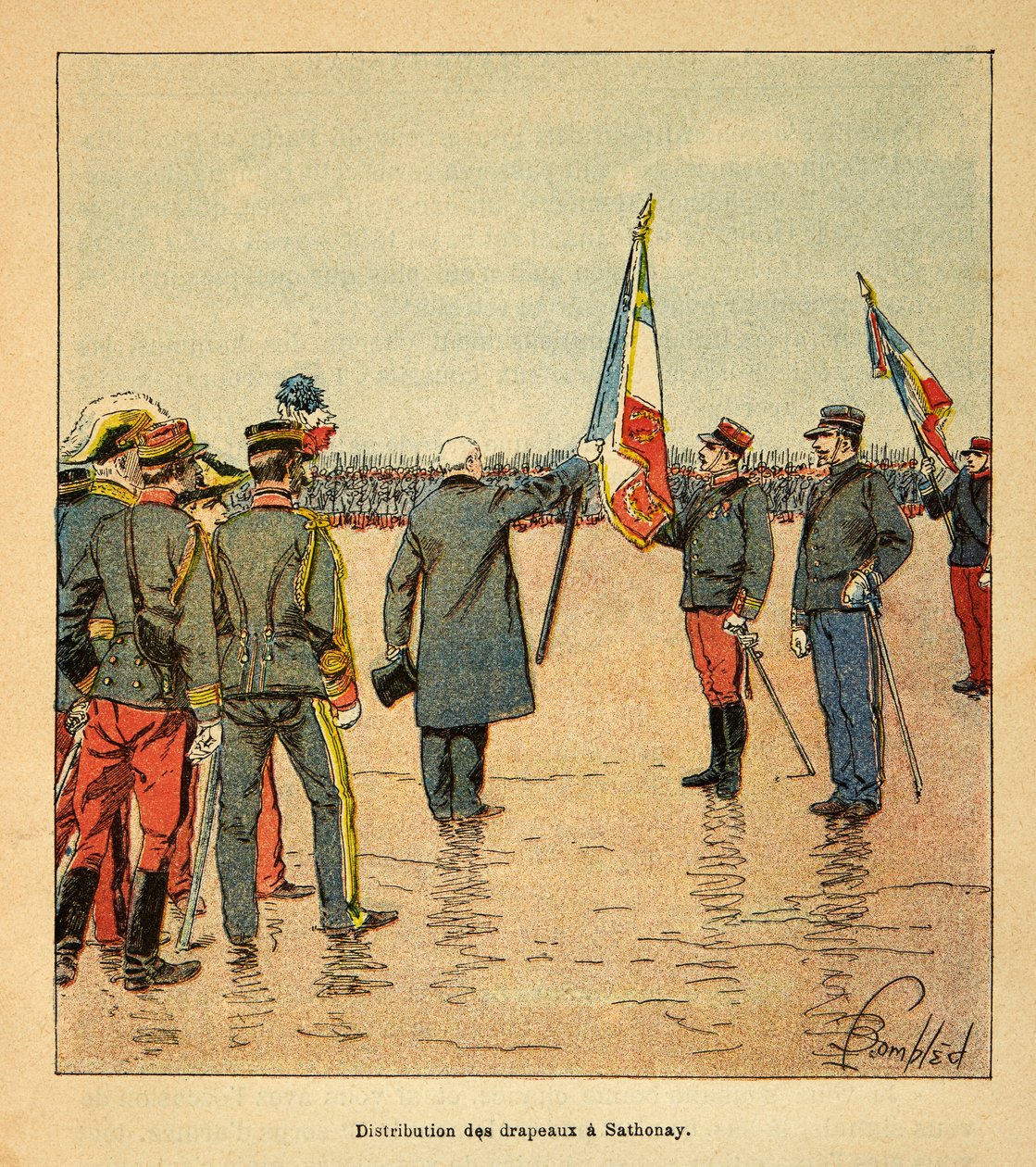 Kriget i Madagaskar-Anekdotisk historia om de franska expeditionerna 1885-1895 av Henri Galli dit Galllichet (1854-1922), illustrerad av Louis Bombled (1862-1927): Utdelning av flaggor i Sathonay till trupperna som avgick till Madagaskar 1895 pres av Louis Charles Bombled