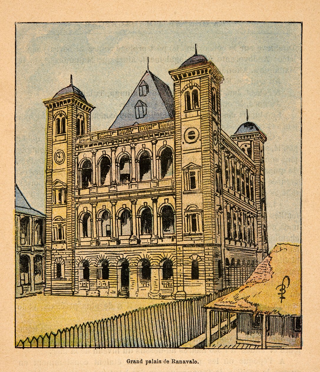 Kriget i Madagaskar-Anekdotisk historia om de franska expeditionerna 1885-1895 av Henri Galli dit Galllichet (1854-1922), illustrerad av Louis Bombled (1862-1927): Drottning Ranavalona III:s stora palats i Tananarive, privat samling av Louis Charles Bombled