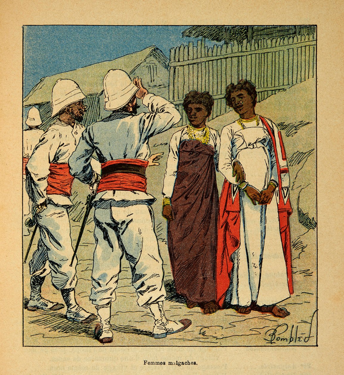 Kriget i Madagaskar-Anekdotisk historia om de franska expeditionerna 1885-1895 av Henri Galli dit Galllichet (1854-1922), illustrerad av Louis Bombled (1862-1927): Franska soldater som sympatiserar med madagaskiska kvinnor, privat samling av Louis Charles Bombled
