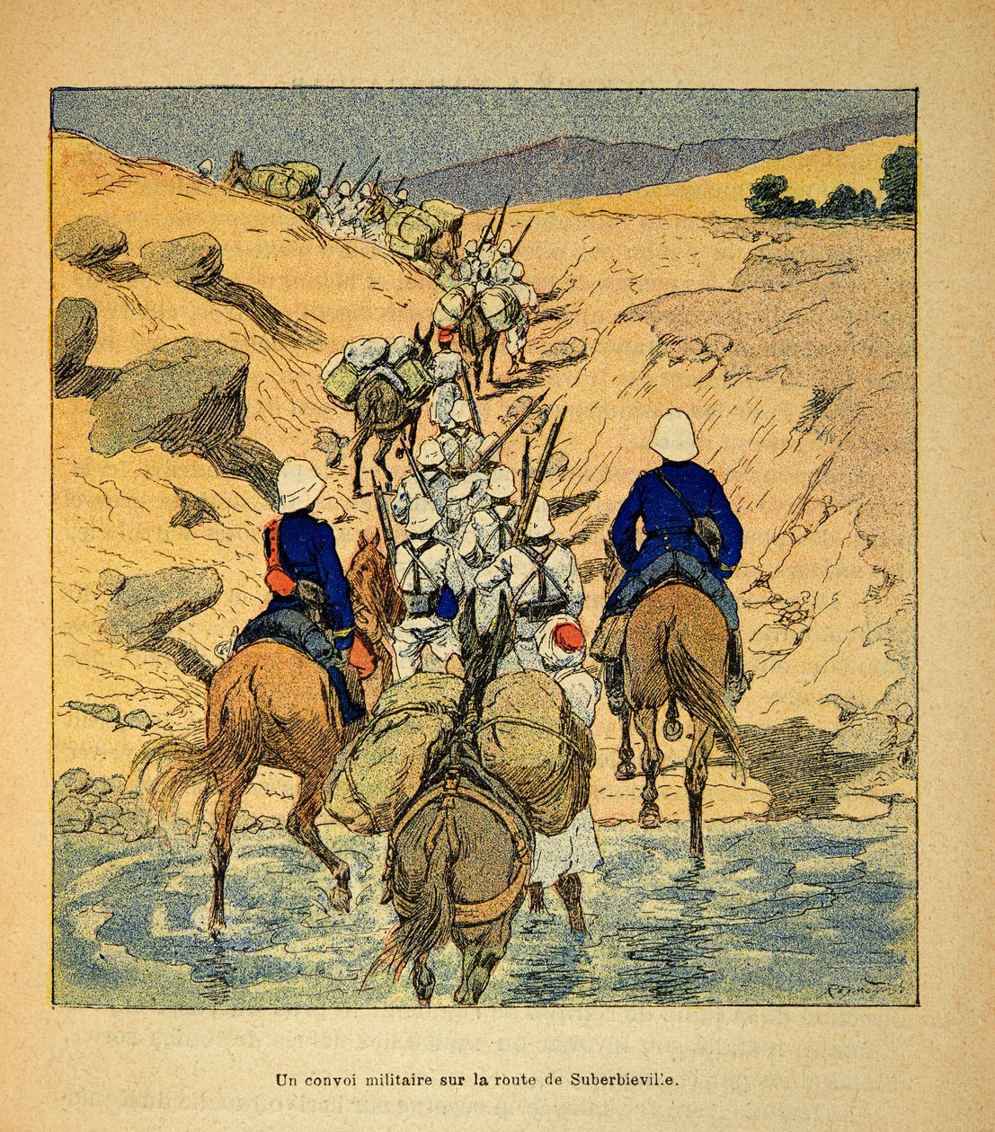 Kriget i Madagaskar-Anekdotisk historia om de franska expeditionerna 1885-1895 av Henri Galli dit Galllichet (1854-1922), illustrerad av Louis Bombled (1862-1927): en militärkonvoj på vägen till Suberbieville 1895, privat samling av Louis Charles Bombled
