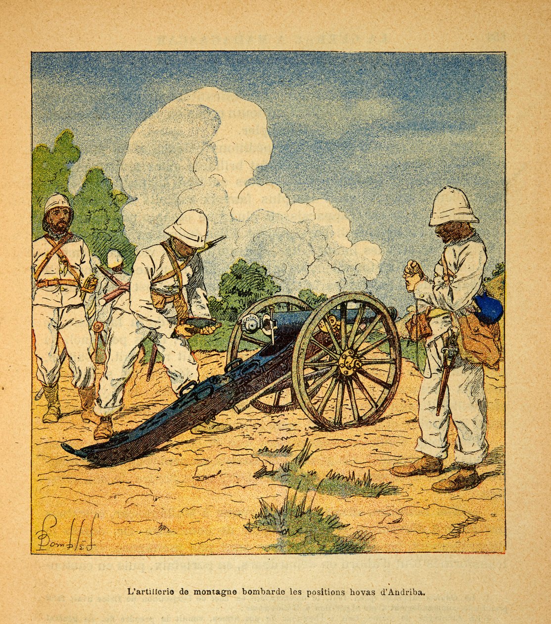 Kriget i Madagaskar-Anekdotisk historia om de franska expeditionerna 1885-1895 av Henri Galli dit Galllichet (1854-1922), illustrerad av Louis Bombled (1862-1927): Bergsartilleriet bombarderade ställningarna Hovas a Andriba 1895, Privat samling av Louis Charles Bombled