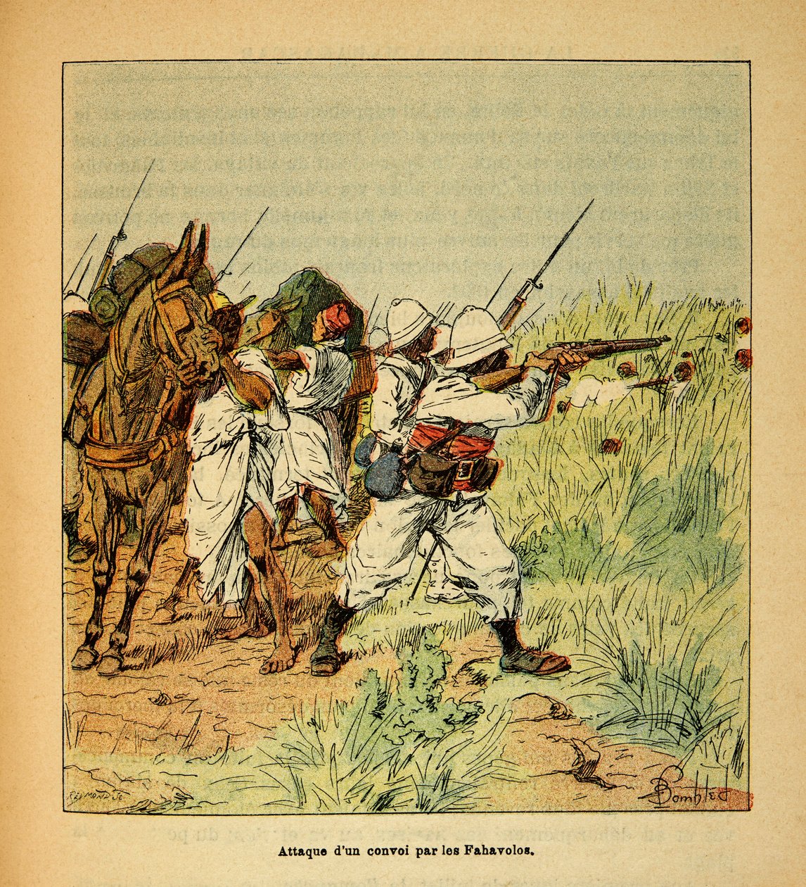 Kriget i Madagaskar-Anekdotisk historia om de franska expeditionerna 1885-1895 av Henri Galli dit Galllichet (1854-1922), illustrerad av Louis Bombled (1862-1927): Attack av en militärkonvoj av Fahavolos, privat samling av Louis Charles Bombled