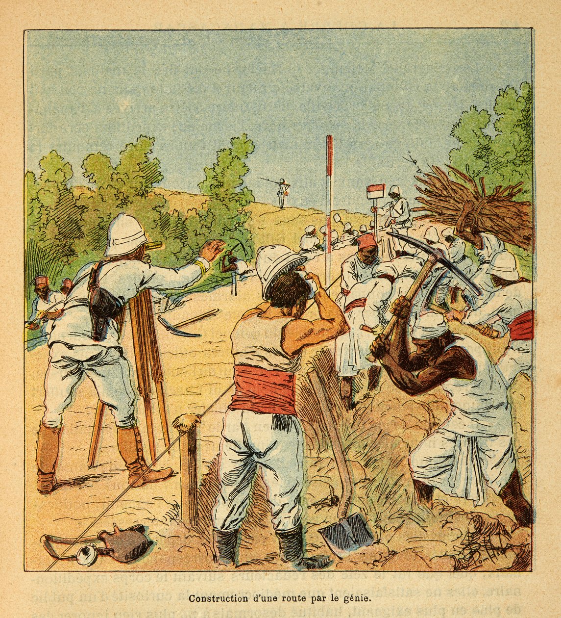 Kriget i Madagaskar-Anekdotisk historia om de franska expeditionerna 1885-1895 av Henri Galli dit Galllichet (1854-1922), illustrerad av Louis Bombled (1862-1927): Konstruktion av en väg i Madagaskar av Genie 1895, privat samling av Louis Charles Bombled