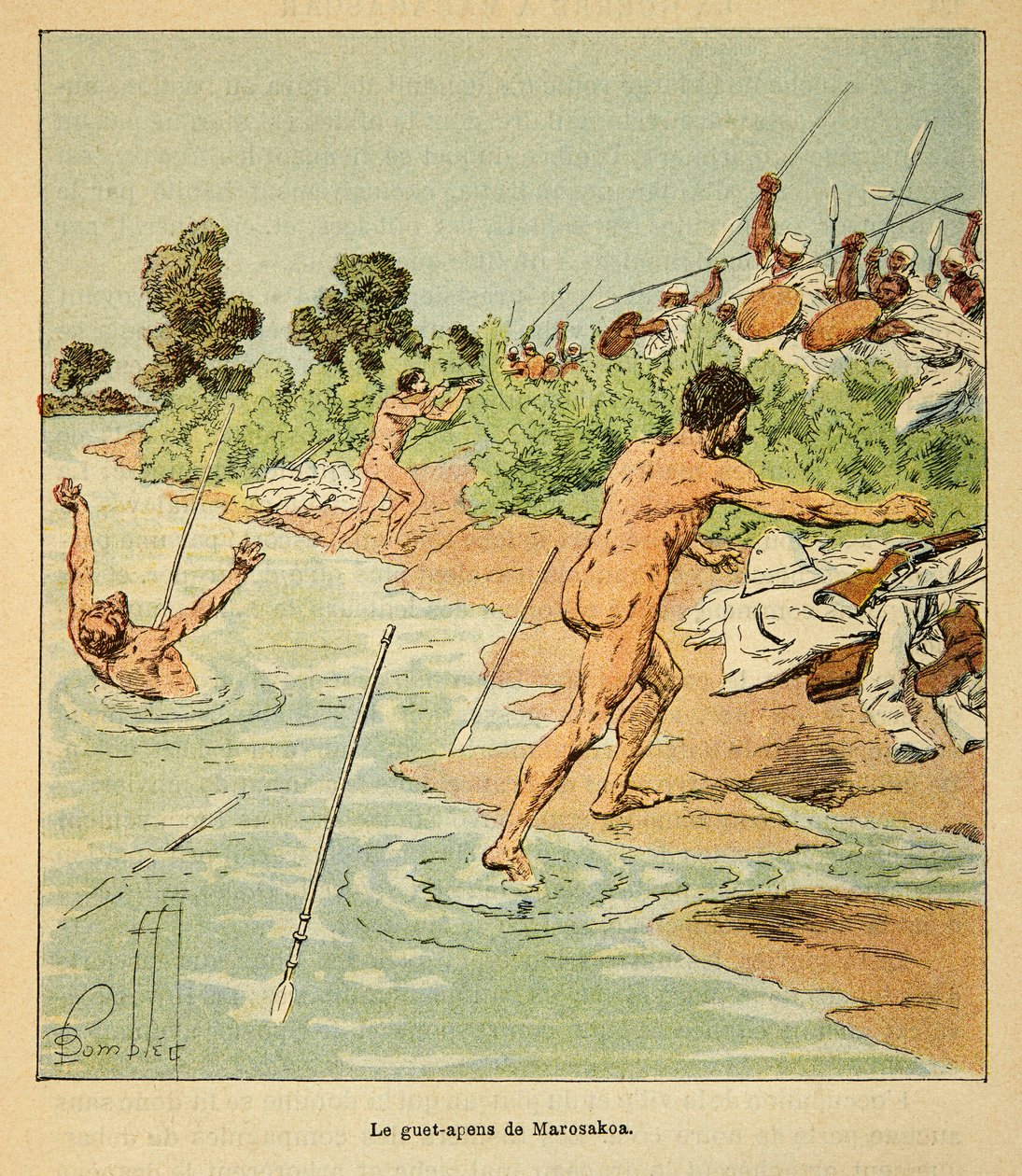 Kriget i Madagaskar-Anekdotisk historia om de franska expeditionerna 1885-1895 av Henri Galli dit Galllichet (1854-1922), illustrerad av Louis Bombled (1862-1927): Sakalaves attackerar franska förhandlare vid Marosakoa 1895, privat samling av Louis Charles Bombled