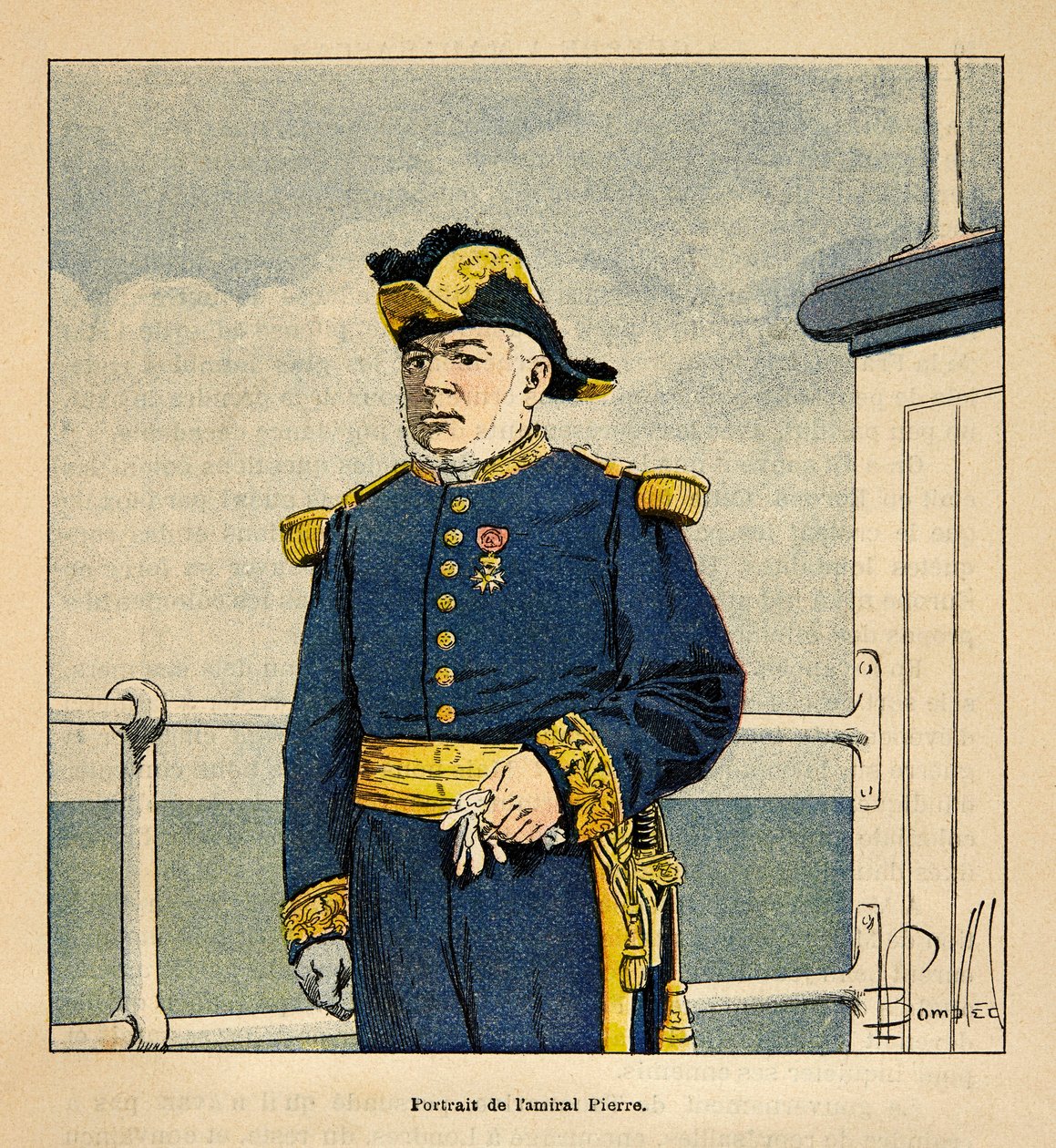 Kriget i Madagaskar-Anekdotisk historia om de franska expeditionerna 1885-1895 av Henri Galli dit Galllichet (1854-1922), illustrerad av Louis Bombled (1862-1927): Porträtt av amiral Pierre (1827-1883), privat samling av Louis Charles Bombled