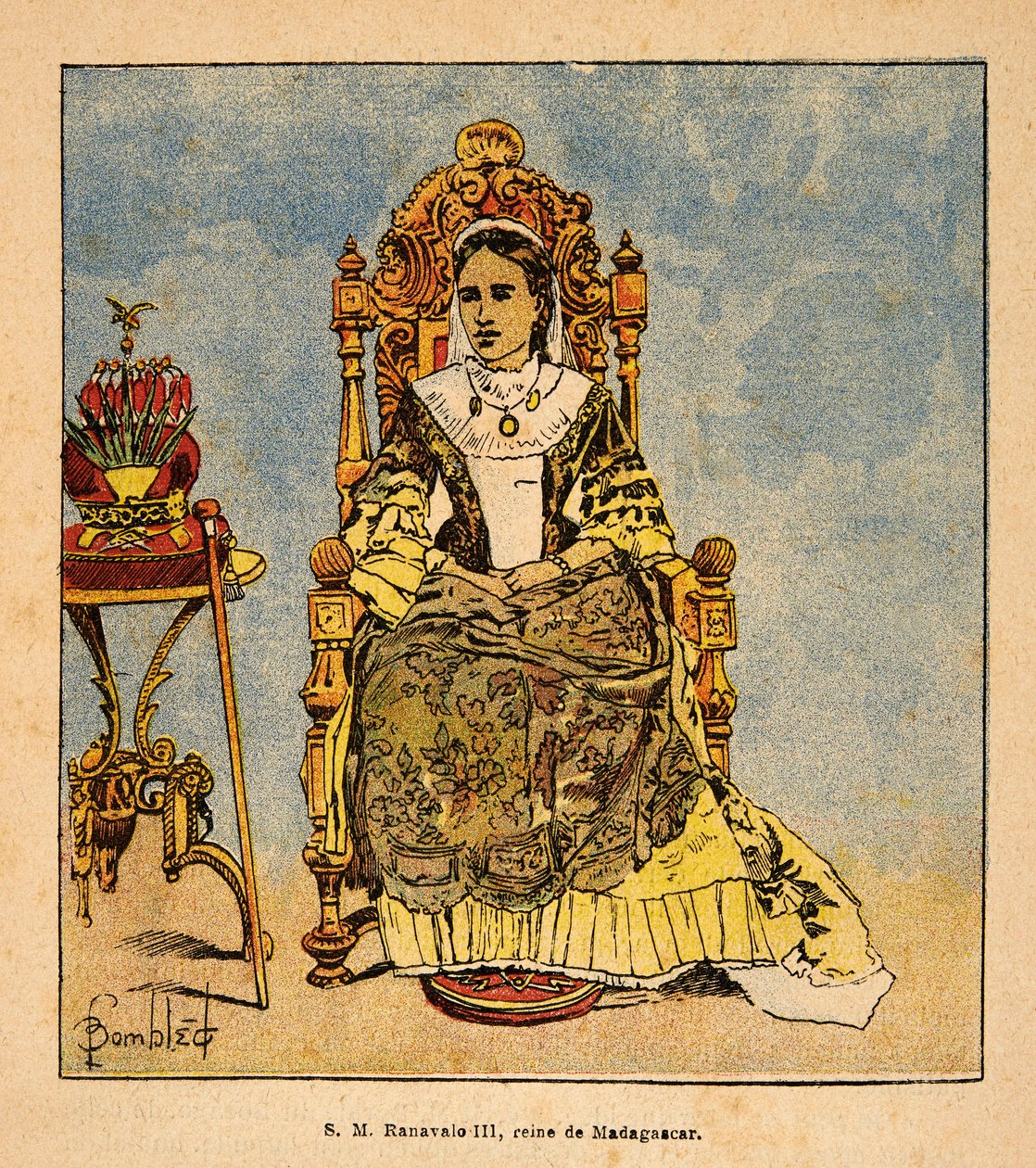 Kriget i Madagaskar-Anekdotisk historia om de franska expeditionerna 1885-1895 av Henri Galli dit Galllichet (1854-1922), illustrerad av Louis Bombled (1862-1927): Porträtt av drottning Ranavalona III (1861-1917) drottning av Madagaskar, Privat samling av Louis Charles Bombled