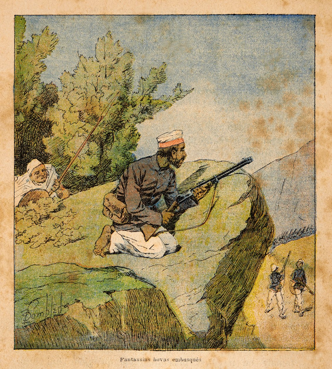 Kriget i Madagaskar-Anekdotisk historia om de franska expeditionerna 1885-1895 av Henri Galli dit Galllichet (1854-1922), illustrerad av Louis Bombled (1862-1927): Hovas bakhåll, privat samling av Louis Charles Bombled