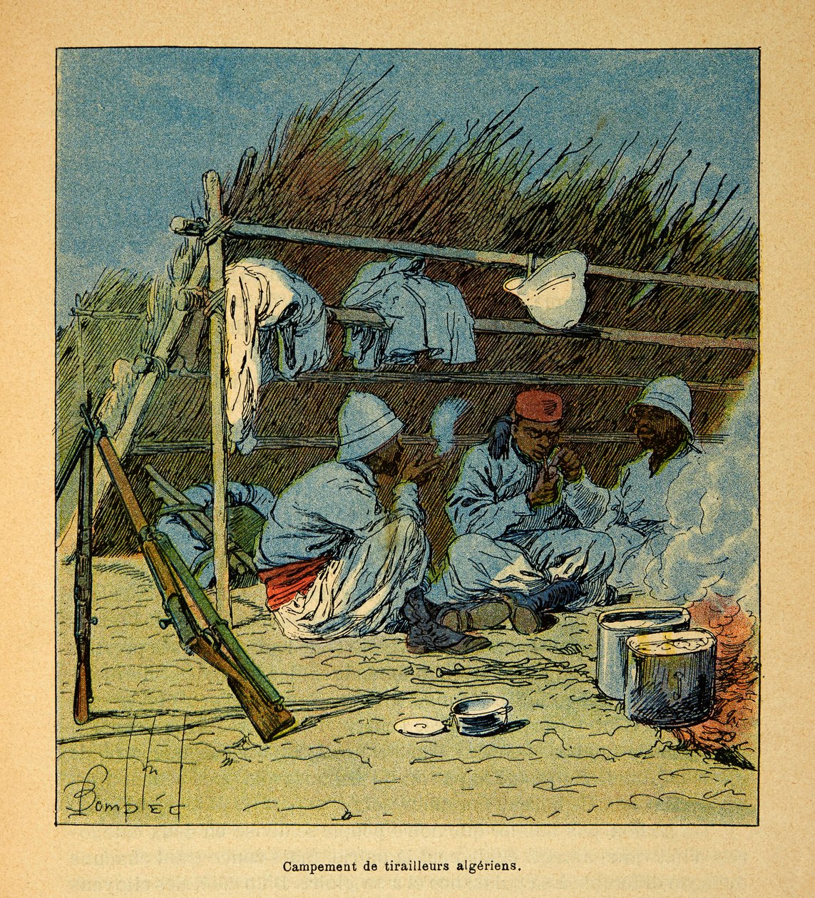 Kriget i Madagaskar-Anekdotisk historia om de franska expeditionerna 1885-1895 av Henri Galli dit Galllichet (1854-1922), illustrerad av Louis Bombled (1862-1927): Algeriets läger i Madagaskar 1895, privat samling av Louis Charles Bombled
