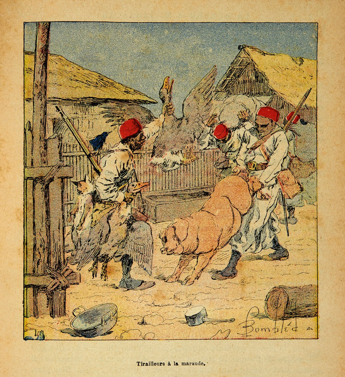 Kriget i Madagaskar-Anekdotisk historia om de franska expeditionerna 1885-1895 av Henri Galli dit Galllichet (1854-1922), illustrerad av Louis Bombled (1862-1927): Plundring av Tirailleurs i gårdar, privat samling av Louis Charles Bombled