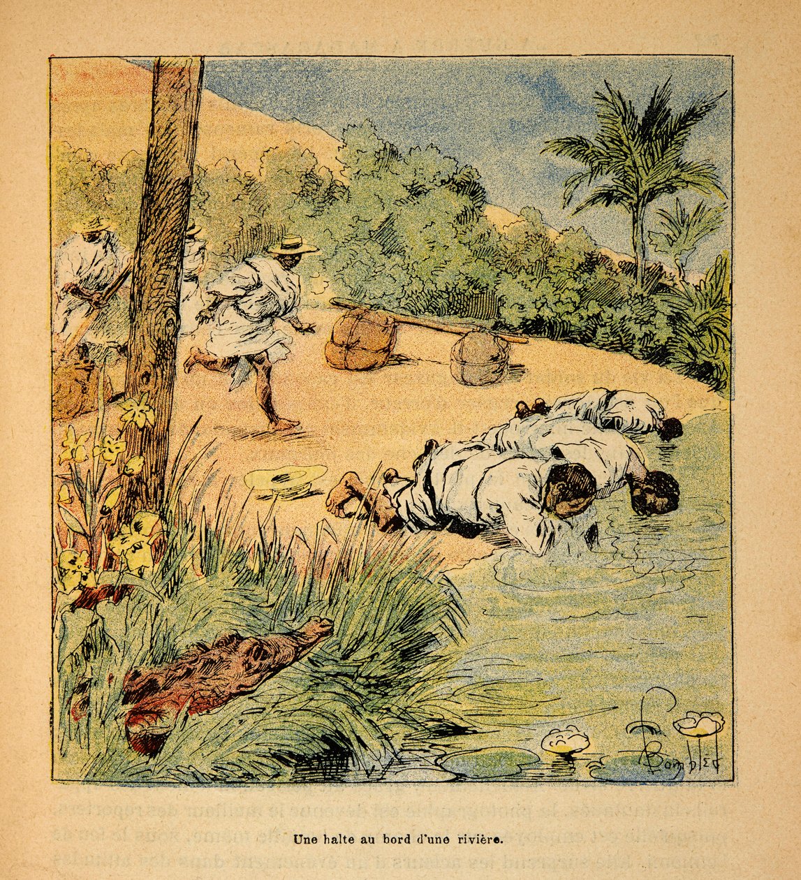 Kriget i Madagaskar-Anekdotisk historia om de franska expeditionerna 1885-1895 av Henri Galli dit Galllichet (1854-1922), illustrerad av Louis Bombled (1862-1927): Ett stopp vid floden 1895, privat samling av Louis Charles Bombled