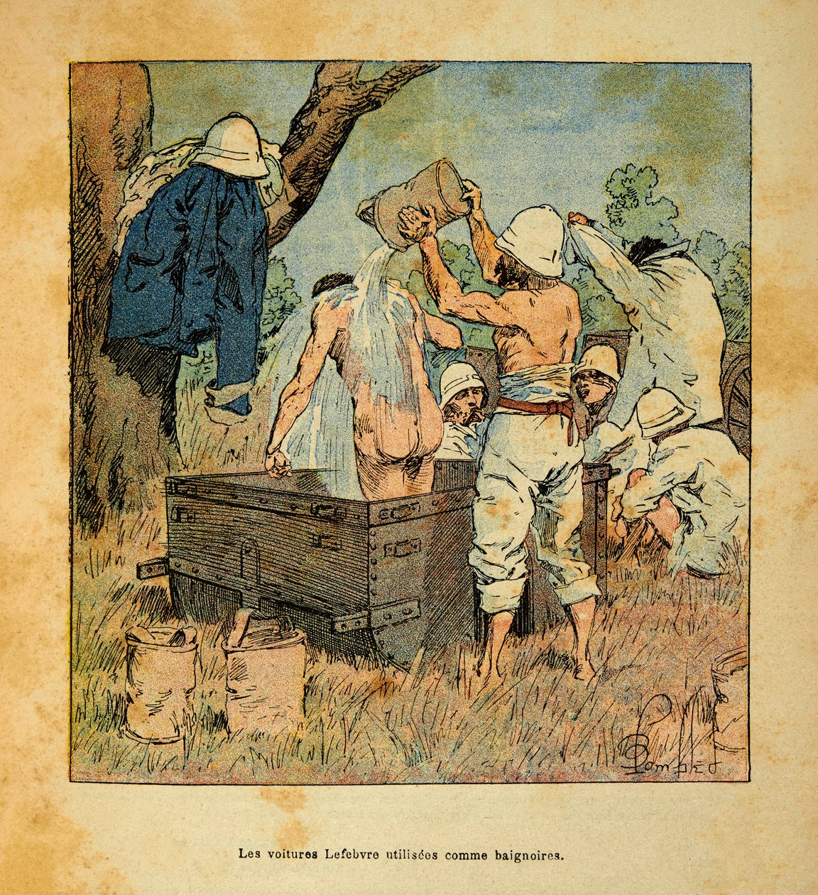 Kriget i Madagaskar-Anekdotisk historia om de franska expeditionerna 1885-1895 av Henri Galli dit Galllichet (1854-1922), illustrerad av Louis Bombled (1862-1927): Lefebvre-bilarna som användes som badkar av soldater 1895 på Madagaskar, Privat samling av Louis Charles Bombled