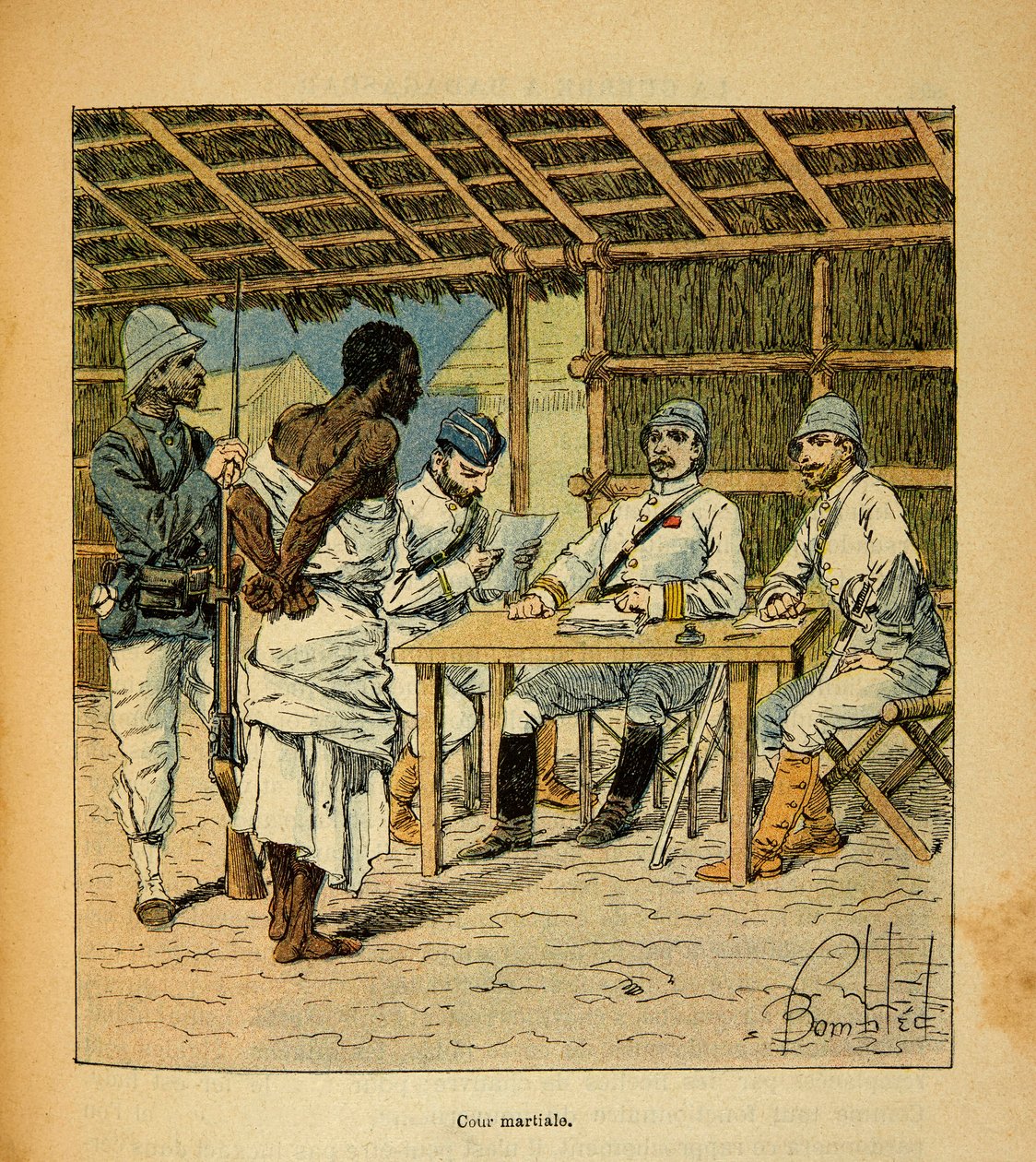 Kriget i Madagaskar-Anekdotisk historia om de franska expeditionerna 1885-1895 av Henri Galli dit Galllichet (1854-1922), illustrerad av Louis Bombled (1862-1927): Förhör av en Hovas-fånge av fransmännen, privat samling av Louis Charles Bombled
