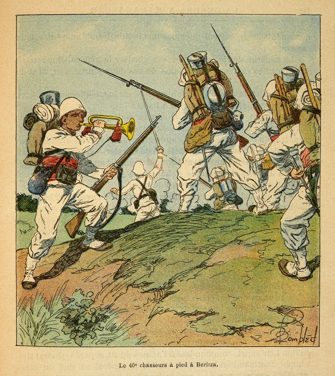 Kriget i Madagaskar-Anekdotisk historia om de franska expeditionerna 1885-1895 av Henri Galli dit Galllichet (1854-1922), illustrerad av Louis Bombled (1862-1927): De 40:e jägarna till fots under striderna i Beritza 1895, privat Samling av Louis Charles Bombled