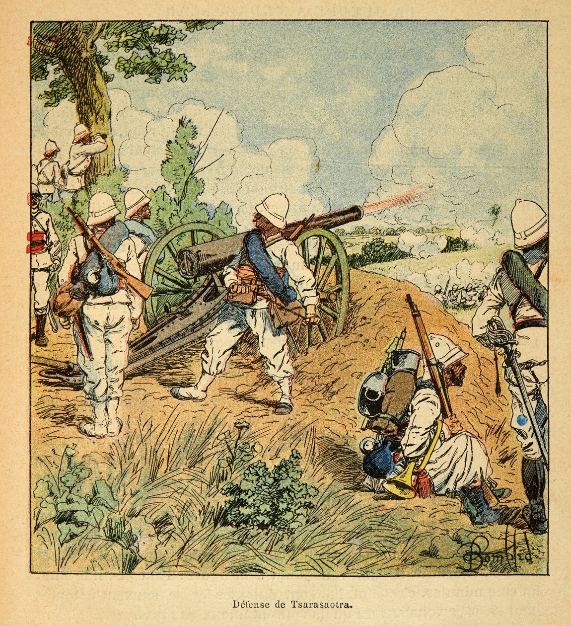 Kriget i Madagaskar-Anekdotisk historia om de franska expeditionerna 1885-1895 av Henri Galli dit Galllichet (1854-1922), illustrerad av Louis Bombled (1862-1927): Tsarasaotras försvar 1895, privat samling av Louis Charles Bombled