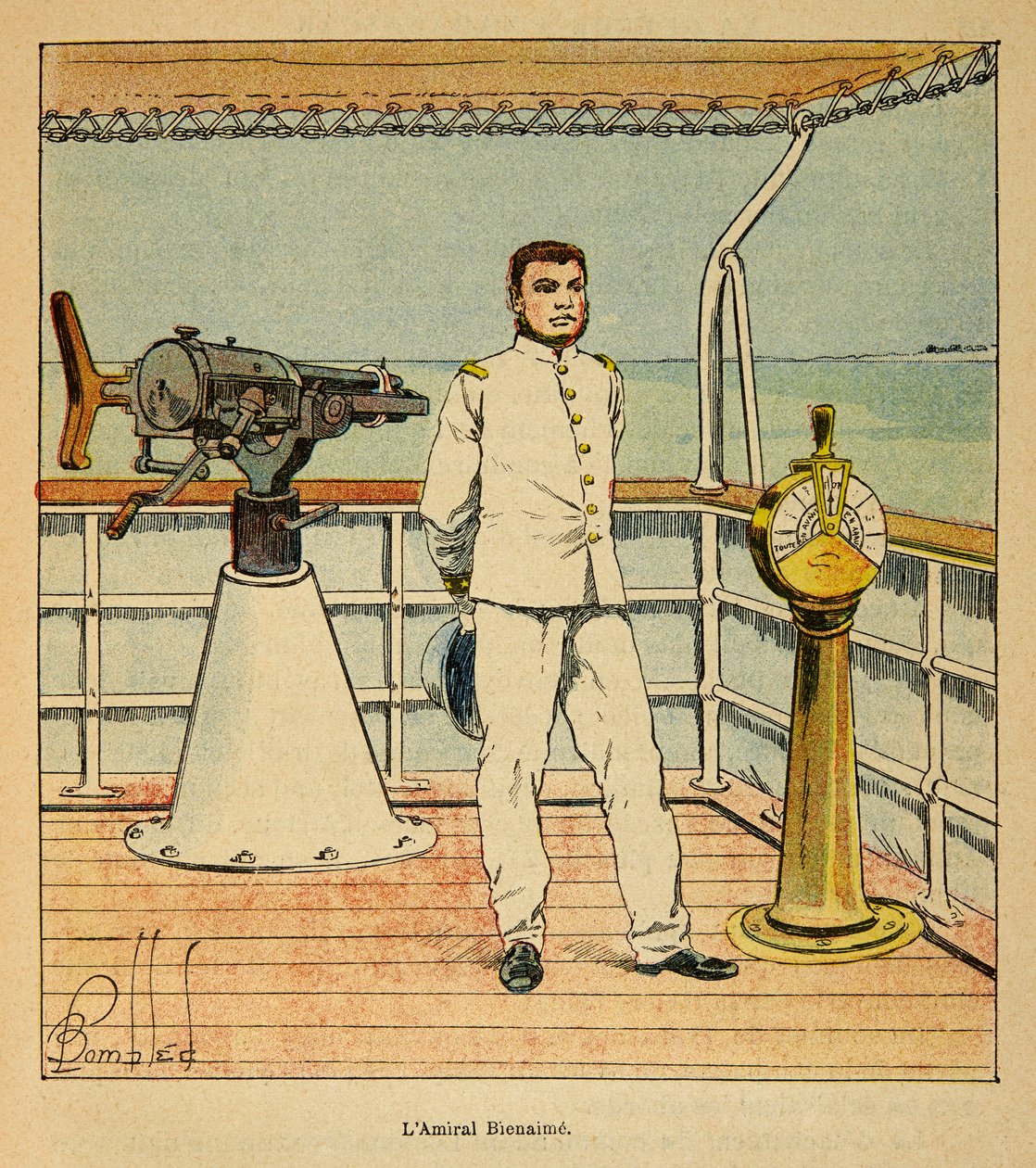 Kriget i Madagaskar-Anekdotisk historia om de franska expeditionerna 1885-1895 av Henri Galli dit Galllichet (1854-1922), illustrerad av Louis Bombled (1862-1927): Porträtt av amiral Bienaime (1843-1930), privat samling av Louis Charles Bombled