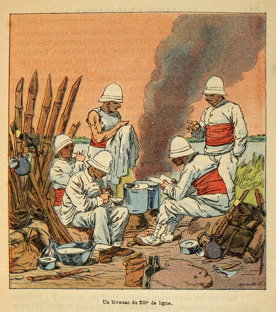 The War in Madagascar-Anecdotal History of the French Expeditions of 1885-1895 av Henri Galli dit Galllichet (1854-1922), illustrerad av Louis Bombled (1862-1927): En bivack av den 200:e linjen i Madagaskar 1895, Privat samling av Louis Charles Bombled