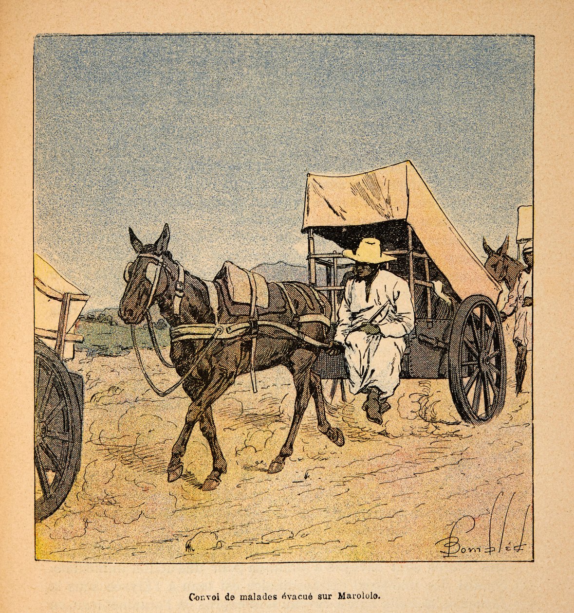 The War in Madagascar-Anecdotal History of the French Expeditions of 1885-1895 av Henri Galli dit Galllichet (1854-1922), illustrerad av Louis Bombled (1862-1927): Convoy of Sick Escapes on Marololo, Private Collection av Louis Charles Bombled