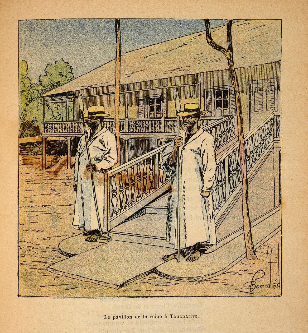 Kriget i Madagaskar-Anekdotisk historia om de franska expeditionerna 1885-1895 av Henri Galli dit Galllichet (1854-1922), illustrerad av Louis Bombled (1862-1927): Drottning Ranavalonas paviljong i Tananarive 1895, privat samling av Louis Charles Bombled