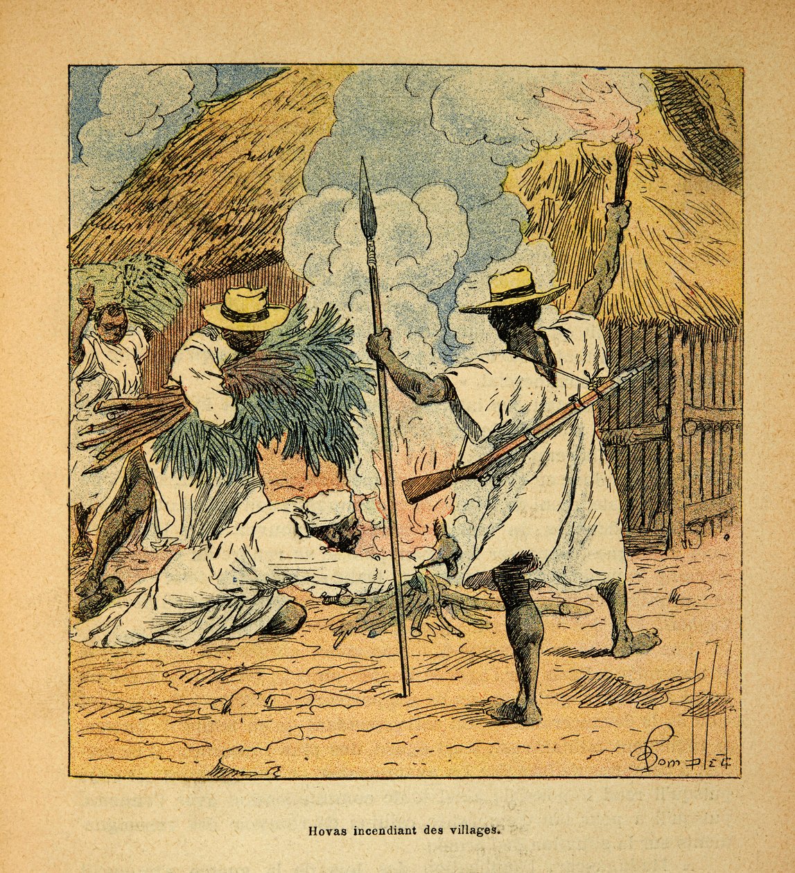 Kriget i Madagaskar-Anekdotisk historia om de franska expeditionerna 1885-1895 av Henri Galli dit Galllichet (1854-1922), illustrerad av Louis Bombled (1862-1927): Hovas brinnande byar, privat samling av Louis Charles Bombled