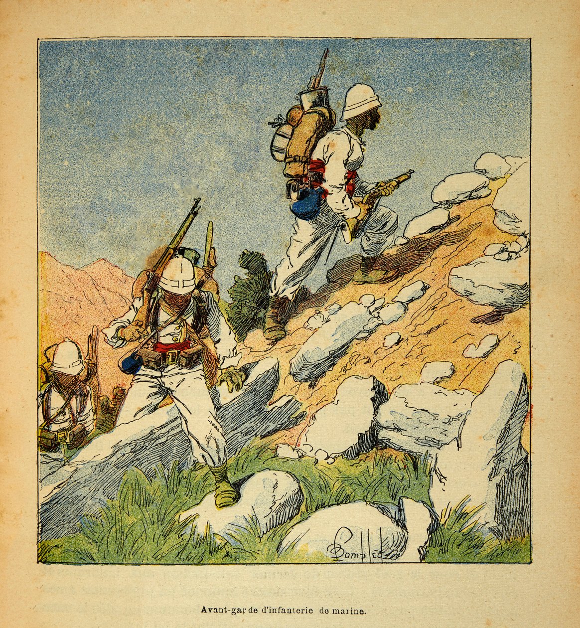 Kriget i Madagaskar-Anekdotisk historia om de franska expeditionerna 1885-1895 av Henri Galli dit Galllichet (1854-1922), illustrerad av Louis Bombled (1862-1927): Infanteriets avantgarde i Madagaskar 1895, privat samling av Louis Charles Bombled