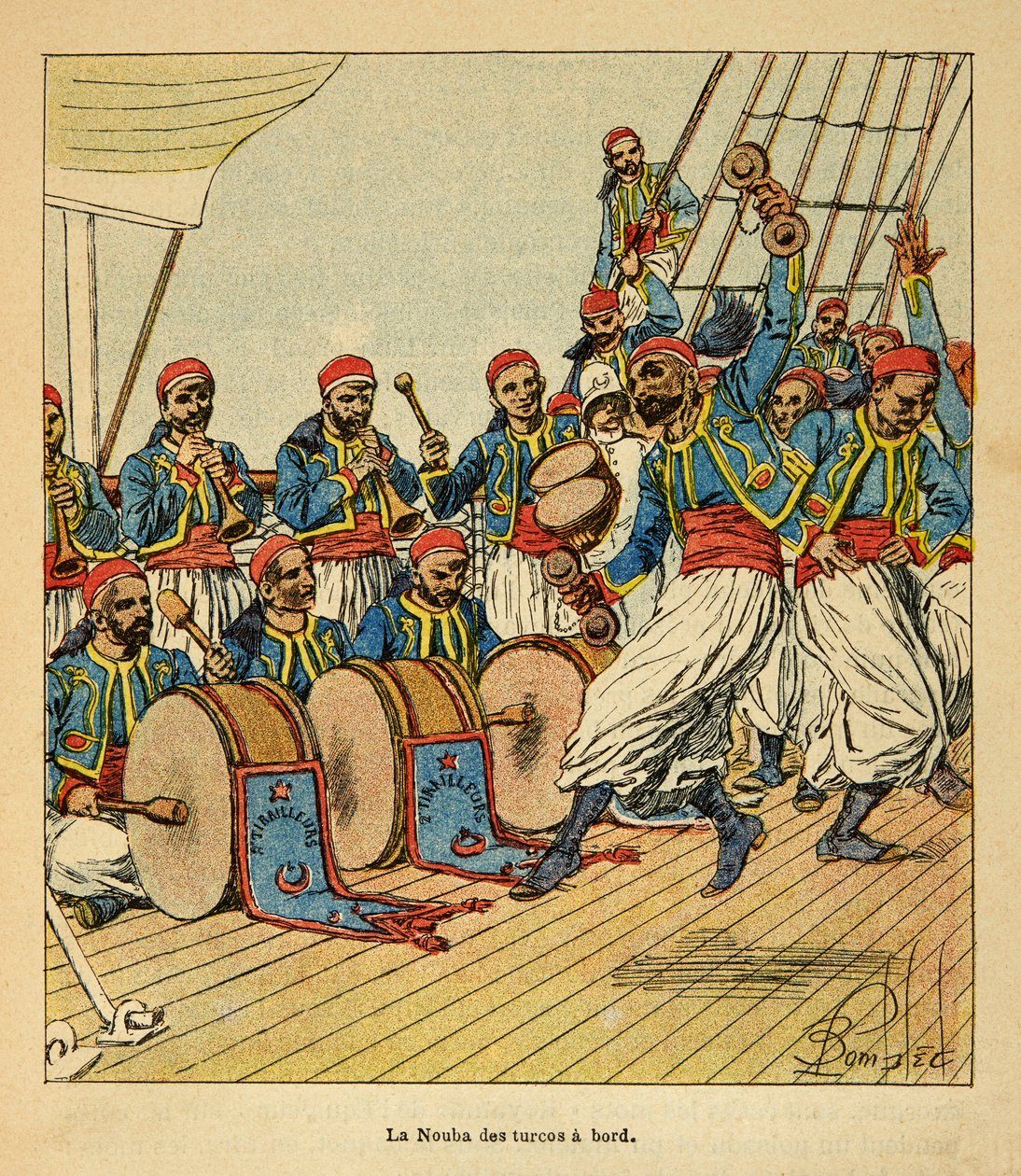 Kriget i Madagaskar-Anekdotisk historia om de franska expeditionerna 1885-1895 av Henri Galli dit Galllichet (1854-1922), illustrerad av Louis Bombled (1862-1927): De nio turkarna ombord på skeppet som seglar till Madagaskar, privat samling av Louis Charles Bombled