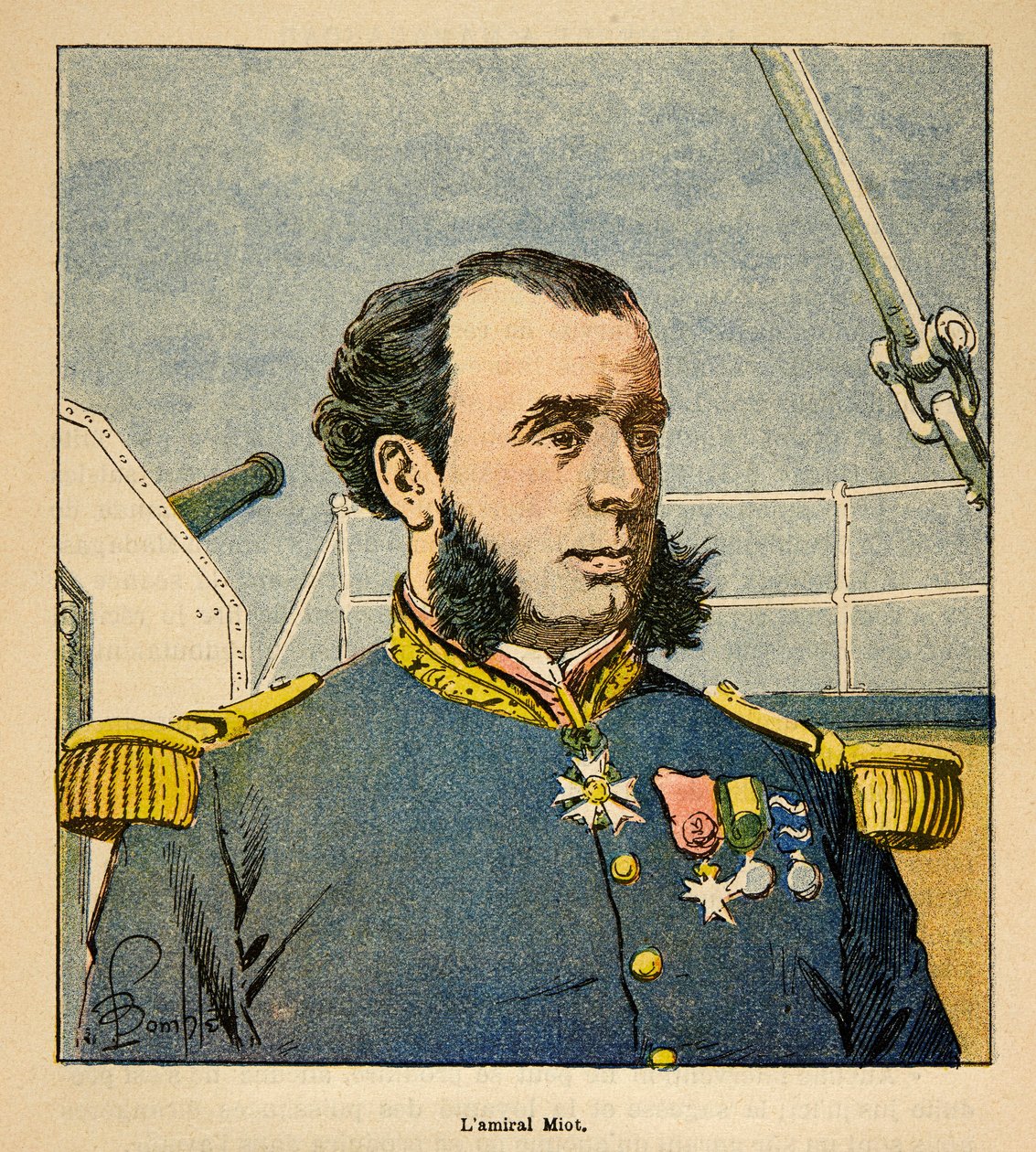 Kriget i Madagaskar-Anekdotisk historia om de franska expeditionerna 1885-1895 av Henri Galli dit Galllichet (1854-1922), illustrerad av Louis Bombled (1862-1927): Porträtt av amiral Paul Emile Miot (1827-1900), privat samling av Louis Charles Bombled