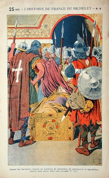 Upptäckten av den mumifierade kroppen av kejsar Justinianus (483-565) under intagandet av Konstantinopel av korsfararna 1204, illustration från 