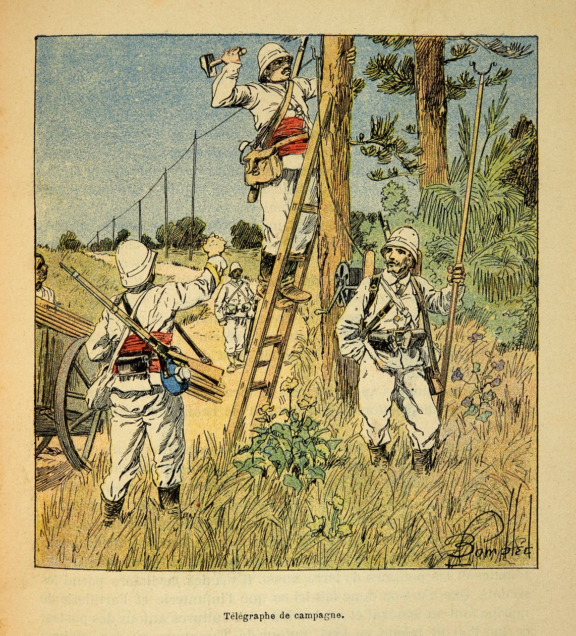 Kriget i Madagaskar-Anekdotisk historia av de franska expeditionerna 1885-1895 av Henri Galli dit Galllichet (1854-1922), illustrerad av Louis Bombled (1862-1927): Implementering av kampanjtelegrafen av militären i Madagaskar 1895, privat coll av Louis Charles Bombled
