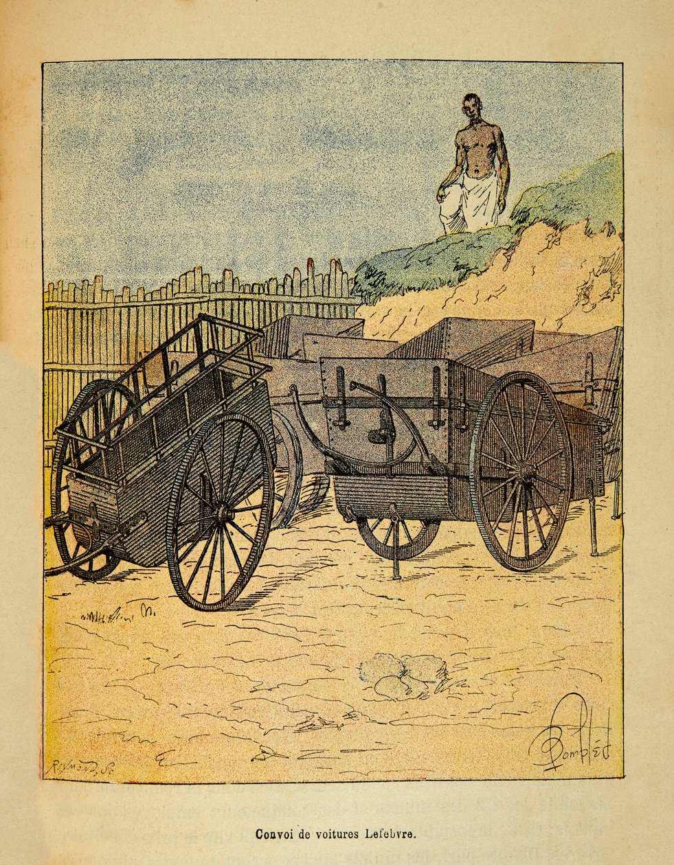Kriget i Madagaskar-Anekdotisk historia om de franska expeditionerna 1885-1895 av Henri Galli dit Galllichet (1854-1922), illustrerad av Louis Bombled (1862-1927): Konvoj av bilar som Lefebvre använder för att försörja trupper, Privat samling av Louis Charles Bombled