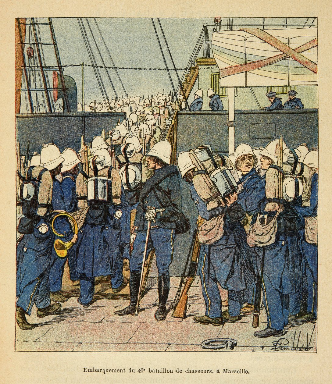 Kriget i Madagaskar-Anekdotisk historia av de franska expeditionerna 1885-1895 av Henri Galli dit Galllichet (1854-1922), illustrerad av Louis Bombled (1862-1927): Embarking of the 40th fighter batalion in Marseille for Madasgascar in 1895, Private colle av Louis Charles Bombled