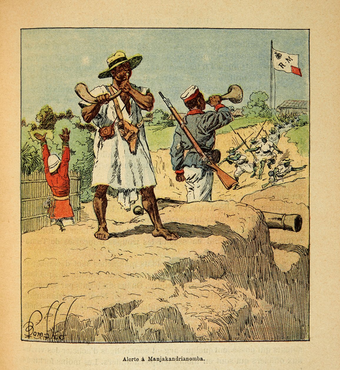 Kriget i Madagaskar-Anekdotisk historia om de franska expeditionerna 1885-1895 av Henri Galli dit Galllichet (1854-1922), illustrerad av Louis Bombled (1862-1927): Madagaskars trupper i beredskap i Manjakandrianomba vid ankomsten av franska trupper år 1895 av Louis Charles Bombled
