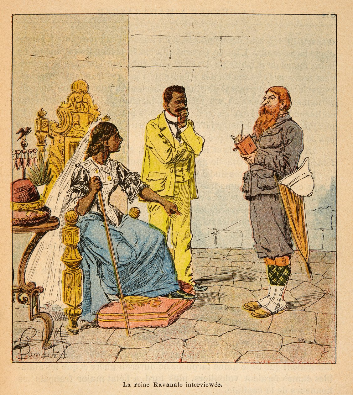 Kriget i Madagaskar-Anekdotisk historia av de franska expeditionerna 1885-1895 av Henri Galli dit Galllichet (1854-1922), illustrerad av Louis Bombled (1862-1927): en engelsk journalist intervjuade drottning Ravanalo 1895 i närvaro av hans premiärminister  av Louis Charles Bombled