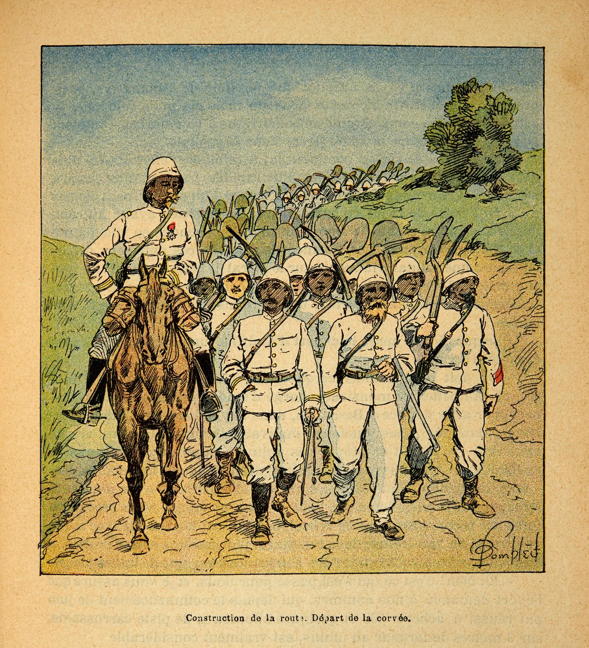 Kriget i Madagaskar-Anekdotisk historia om de franska expeditionerna 1885-1895 av Henri Galli dit Galllichet (1854-1922), illustrerad av Louis Bombled (1862-1927): Anläggning av en väg i Madagaskar, början av korveen, Privat samling av Louis Charles Bombled