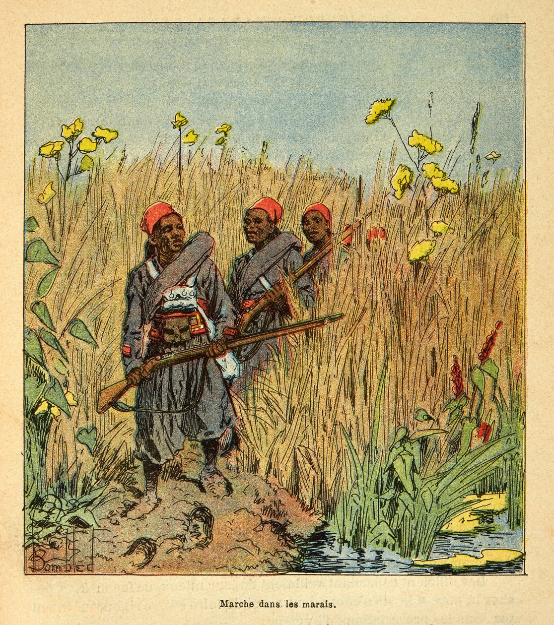 Kriget i Madagaskar-Anekdotisk historia om de franska expeditionerna 1885-1895 av Henri Galli dit Galllichet (1854-1922), illustrerad av Louis Bombled (1862-1927): Franska trupper på expedition i kärren i Madagaskar 1895, Privat samling av Louis Charles Bombled