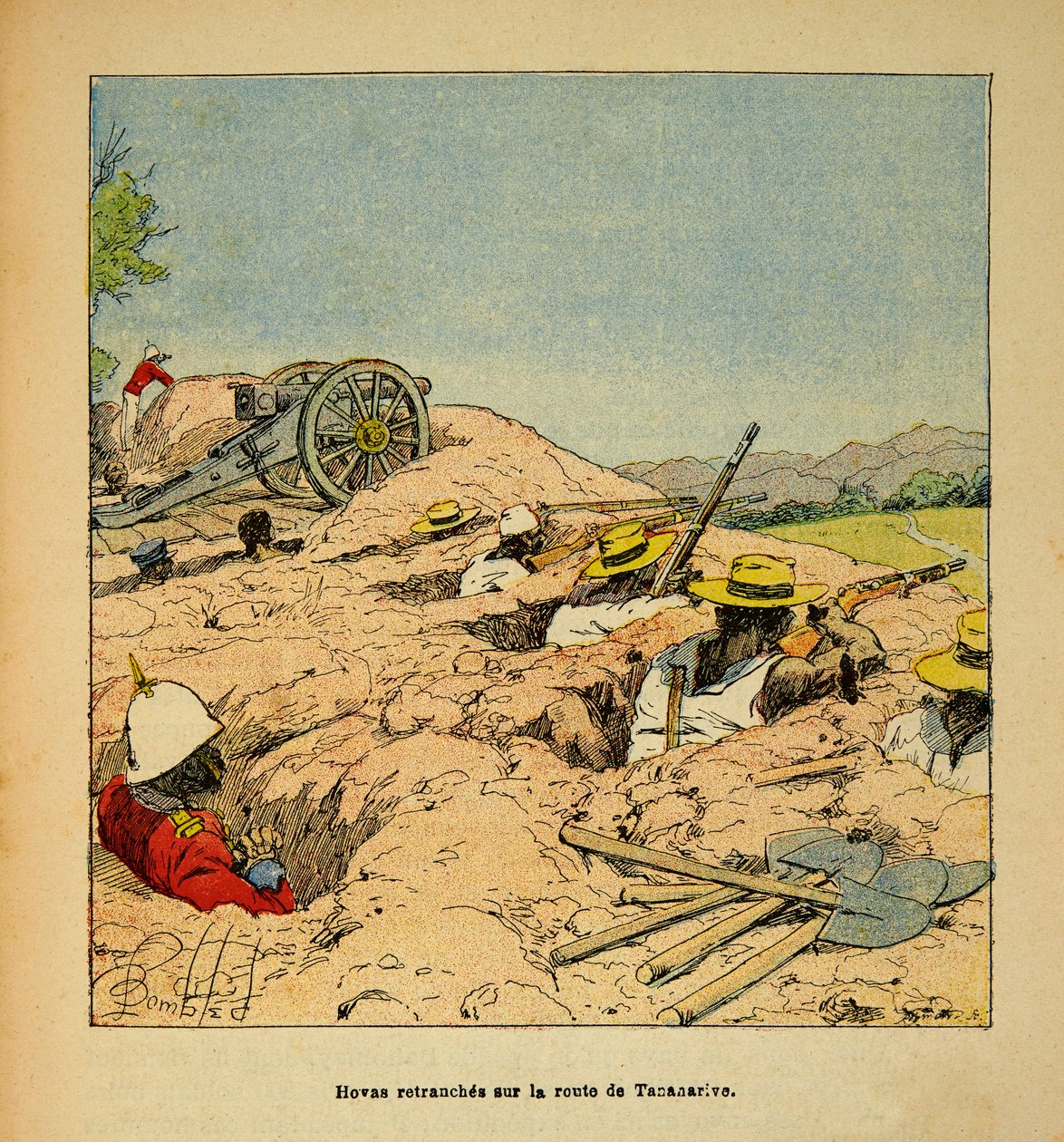 Kriget i Madagaskar-Anekdotisk historia om de franska expeditionerna 1885-1895 av Henri Galli dit Galllichet (1854-1922), illustrerad av Louis Bombled (1862-1927): Hovas truppskyttegravar på vägen till Tannarive 1895, Privat samling av Louis Charles Bombled