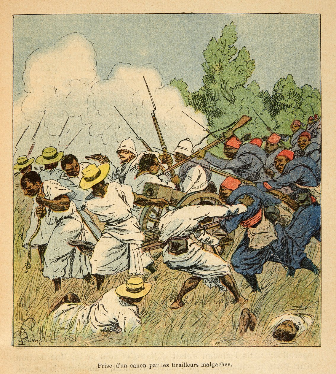 Kriget på Madagaskar - Anekdotisk historia om de franska expeditionerna 1885-1895 av Henri Galli dit Galllichet (1854-1922), illustrerad av Louis Bombled (1862-1927): Malagasyerna tog en kanon under Ambolomonty-striderna 1895, Privat samling av Louis Charles Bombled