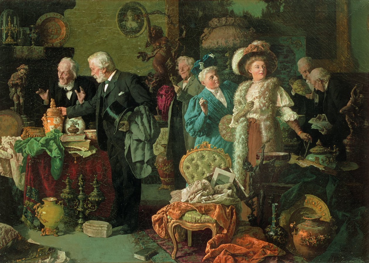 Konnässörer i en antikaffär (olja på duk) av Louis Charles Moeller