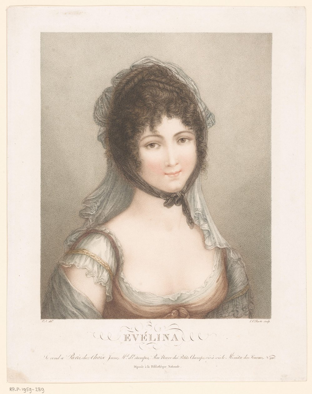 Ung kvinna med slöja och updo lockigt hår Evelina (titel på objekt) av Louis Charles Ruotte