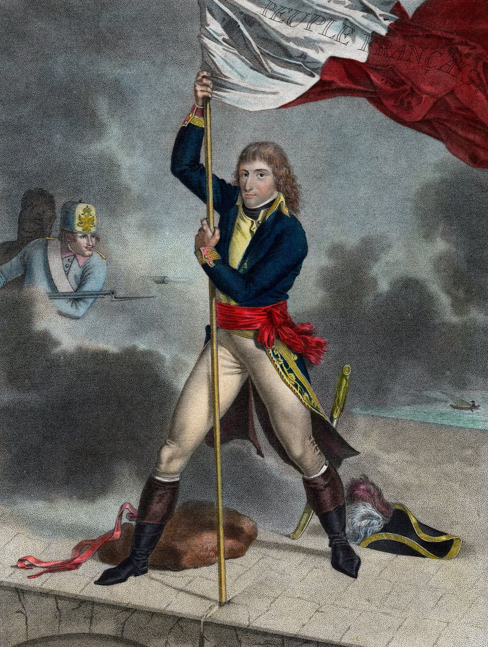 Napoleon Bonaparte under slaget vid bron av Arcole (Arcola), november 1796 - Buonaparte General sv chef för Armee of Italy planterar en flagga på bron av Arcole 1796 - gravyr av Louis Charles Ruotte av Louis Charles Ruotte