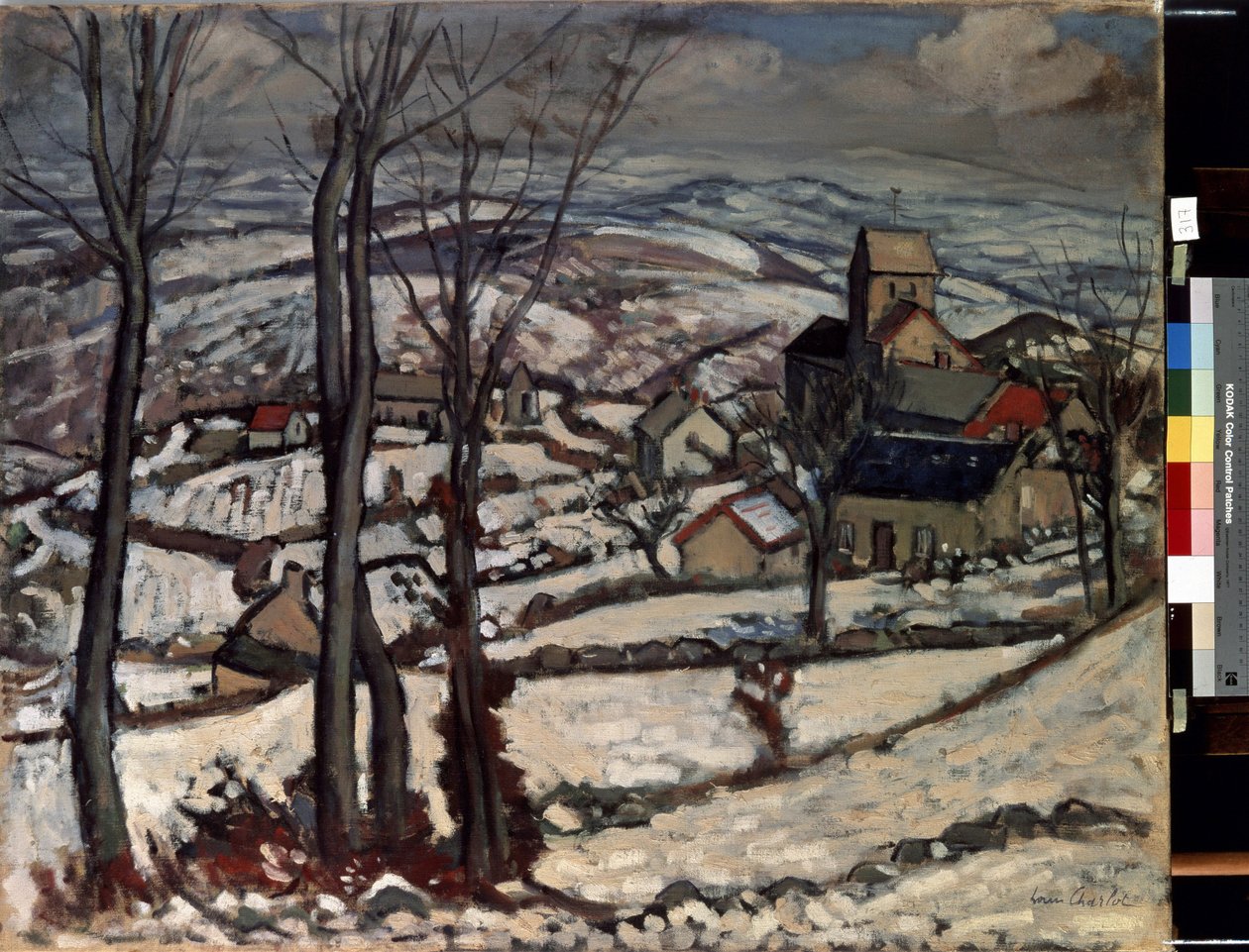 By i Morvan under snön. Målning av Louis Charlot (1878-1951) av Louis Charlot