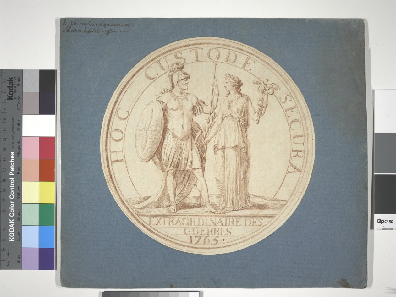 Medaljdesign, krig och fred: HOC CUSTODE SECURA av Louis Claude (attr. to) Vassé