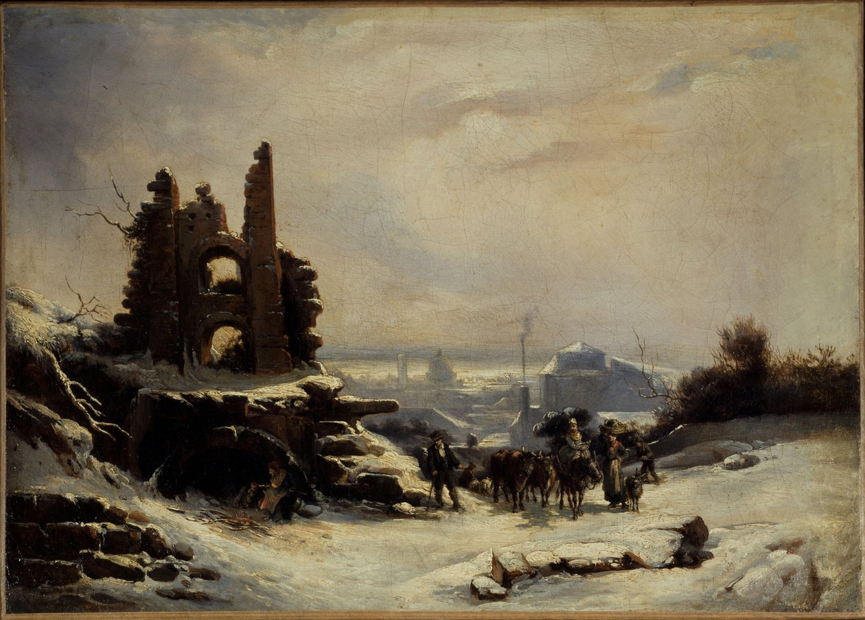 Återkomsten från marknaden (snöeffekt i Paris), ca 1830 (olja på duk) av Louis Claude Mallebranche
