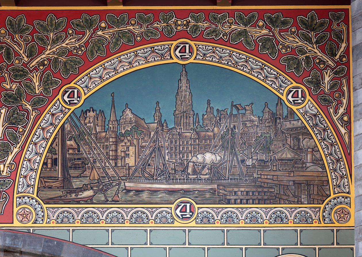Järnvägsstationsbyggnad (Sint-Pietersstation). Interiör. 1912. Entréhallen. av Louis Cloquet