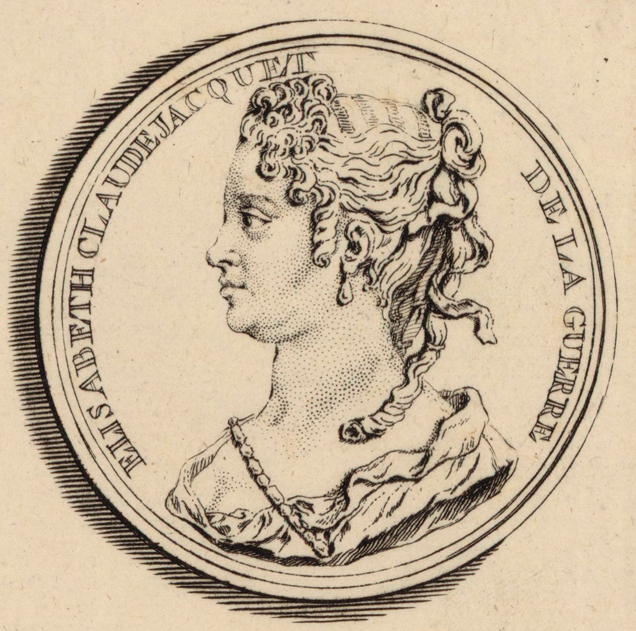 Porträtt av kompositören Elisabeth Claude Jacquet de La Guerre 1665-1729. av Louis Crepy