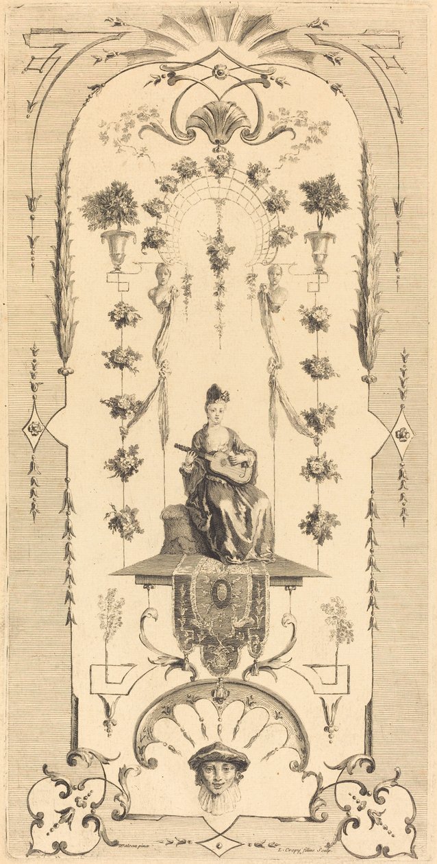 Sittande kvinna som spelar gitarr av Louis Crépy after Antoine Watteau
