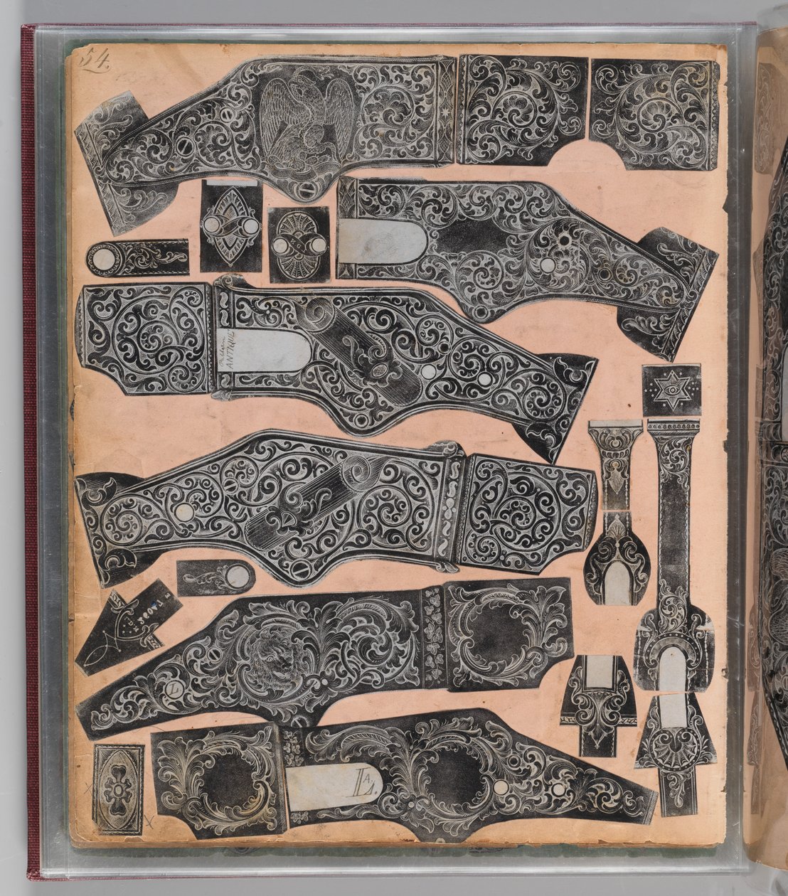 Arbetsbok Spelar in den graverade skjutvapenprydnaden av Louis D. Nimschke, amerikansk, c1850-1900. av Louis D. Nimschke
