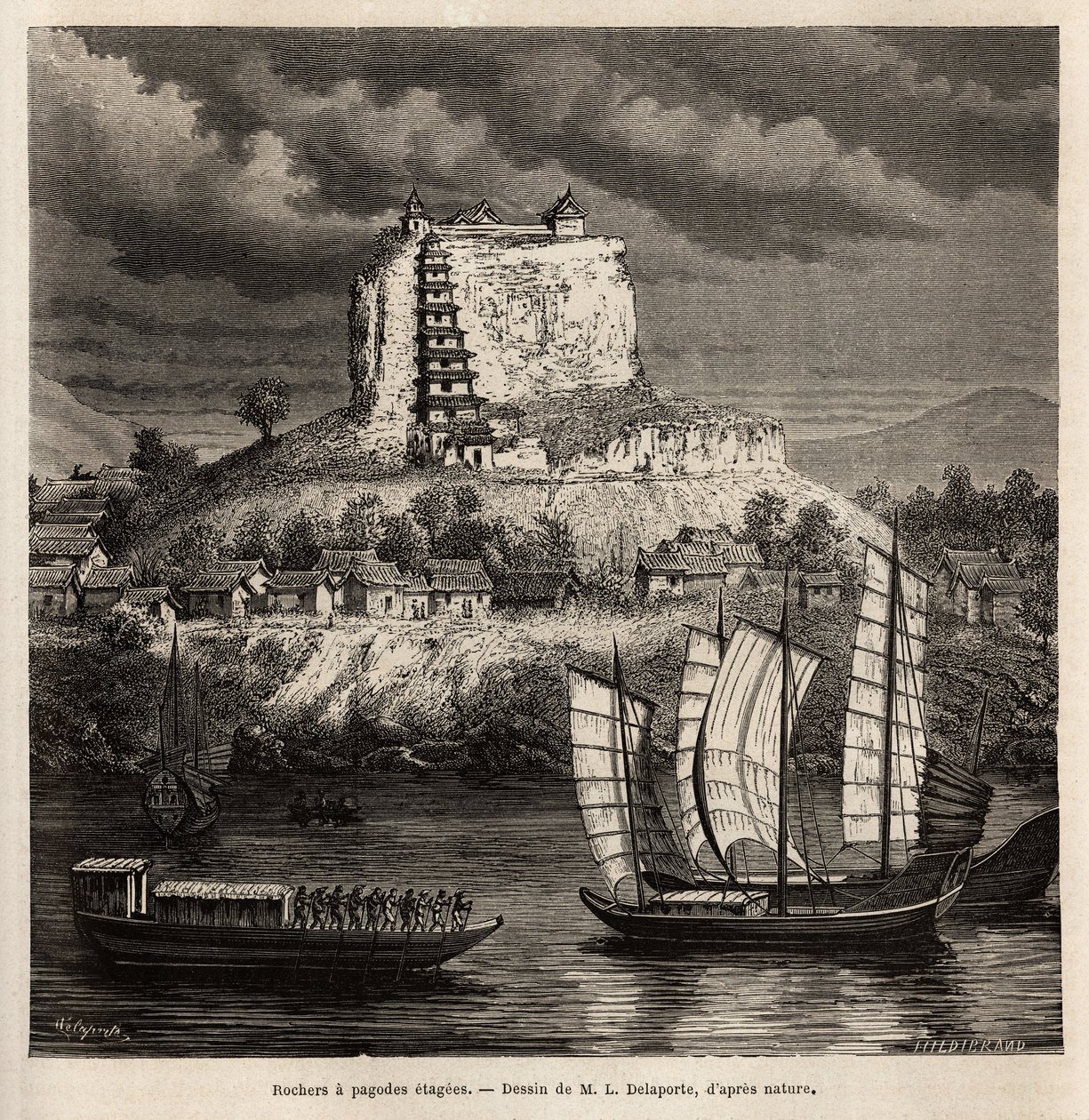 En sten med pagodscener och olika båtar på den blå floden (Kina), gravyr efter teckningen av L.Delaporte, för att illustrera utforskningsresan i Indokina av Francis Garnier, skeppslöjtnant, 1866-1868, publicerad i " ” Le tour du monde av Louis Delaporte