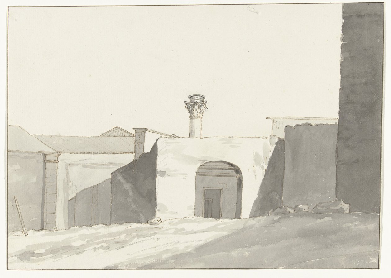 Antike zuil och byggnader i tillflyktsort i Brindisi Avlägsen vy av den antika kolonnen [på hamnen i Brindisi] Resor i Italien, Sicilien och Malta - 1778 (serietitel) av Louis Ducros