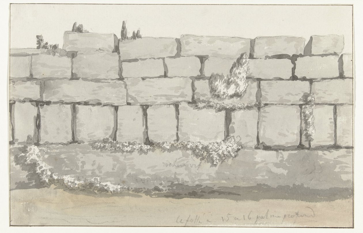 Exteriör av den yttre väggen av det antika templet i den antika staden Manduria Structure extérieure du mur extérieur de láncienne Mandurie Voyage en Italy, en Sicile et à Malte - 1778 (serietitel) av Louis Ducros